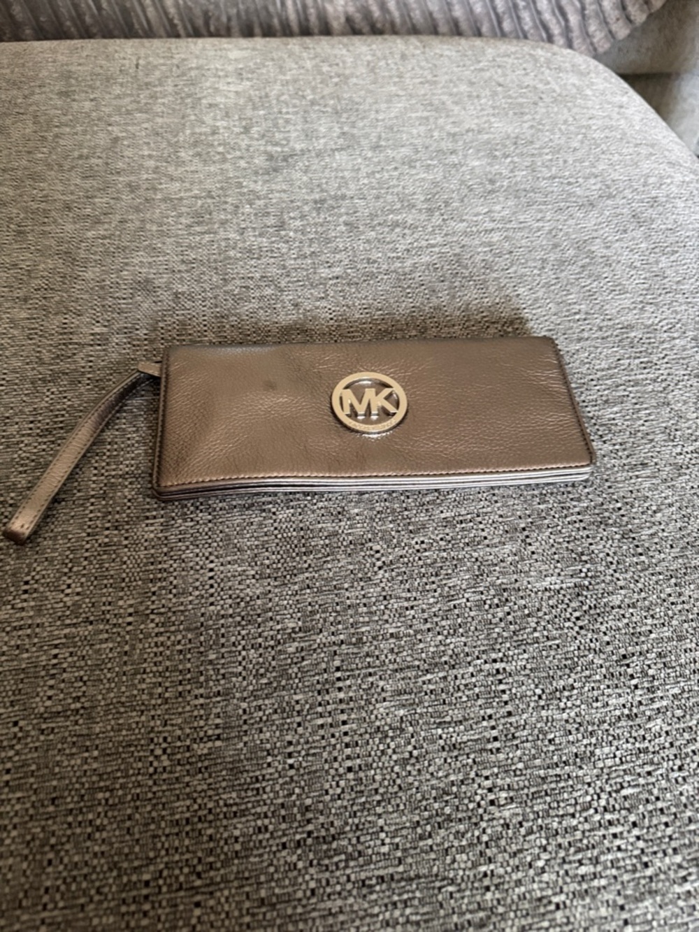 Michael Kors Leather Wristlet Wallet in Taupe Brown with Gold Logo